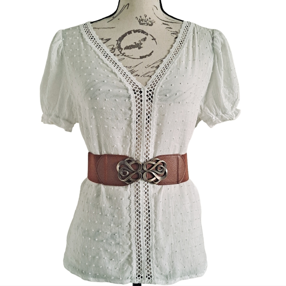 Brown antique gold ornate buckle corset boho elastic wide waist dress belt - Picture 4 of 8